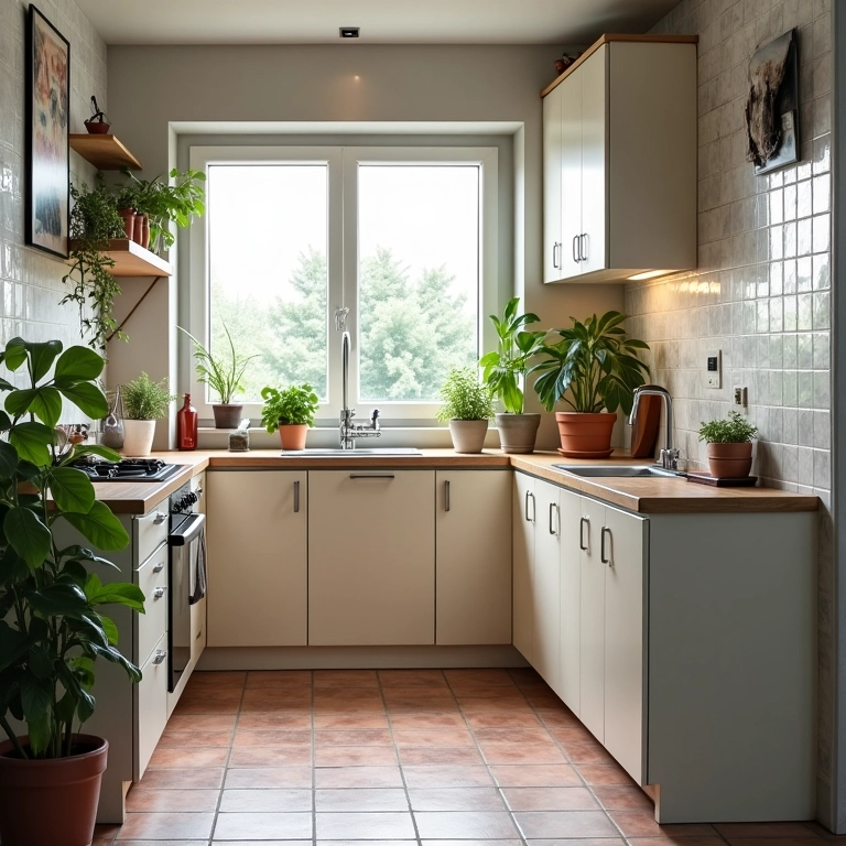 Canto alemão otimizando espaço em uma cozinha pequena.