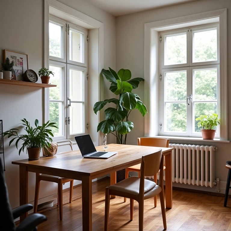 Canto alemão versátil usado como área de jantar e espaço de trabalho.