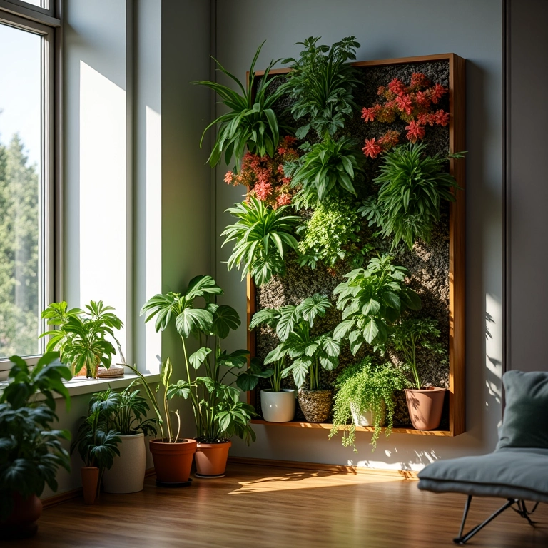 Canto de apartamento com jardim vertical recebendo luz natural, destacando a importância da iluminação.