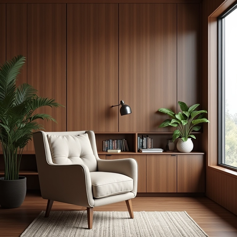 Canto de leitura tranquilo com painéis de absorção sonora e poltrona confortável.