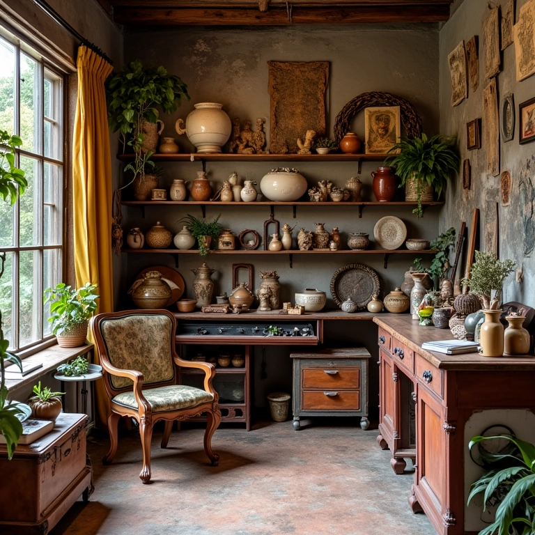 Canto de oficina aconchegante com objetos de arte restaurados à venda.