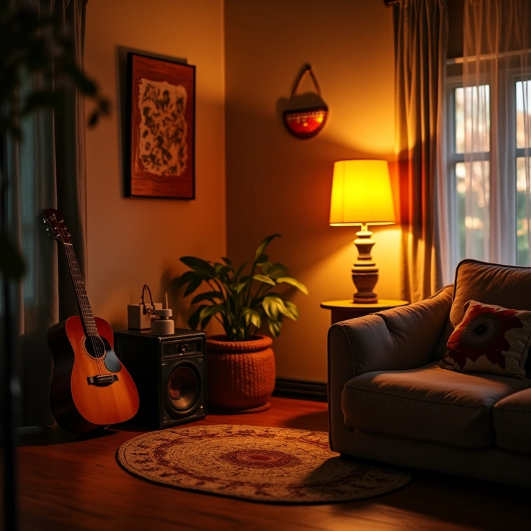 Canto de sala para música com violão e iluminação aconchegante.