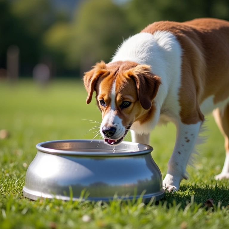 Cão bebendo água de um bebedouro elevado em um parque para cães.