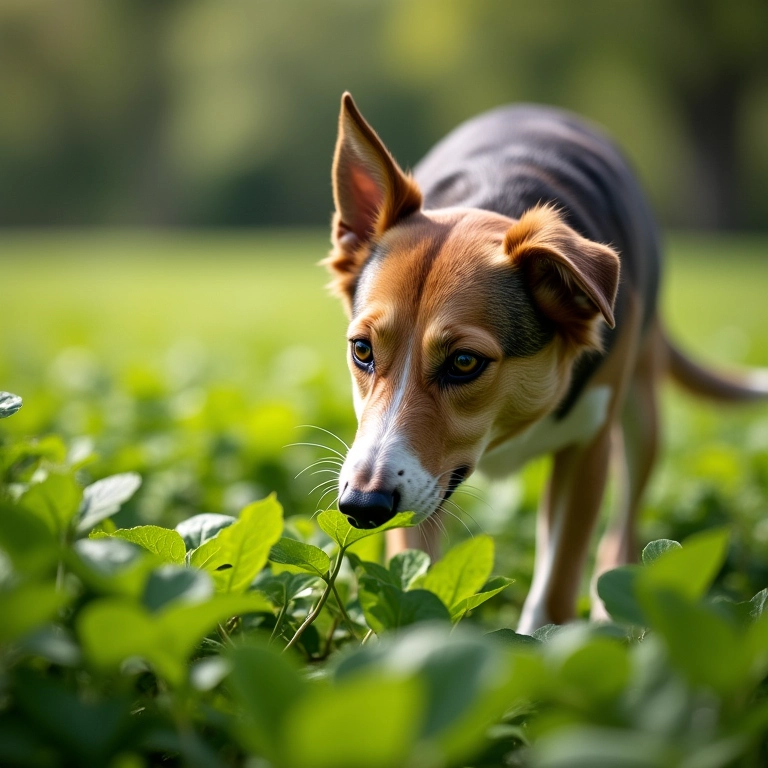 Cão cheirando plantas seguras em um parque para cães, promovendo bem-estar.