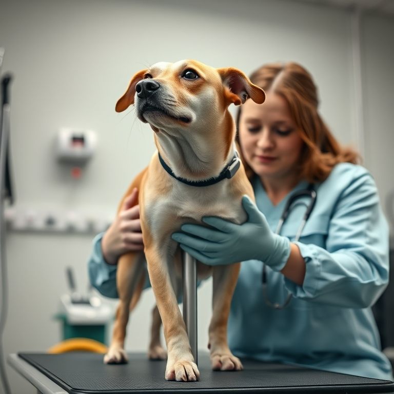 Cão com problemas neurológicos fazendo exercícios de equilíbrio com fisioterapeuta veterinário.