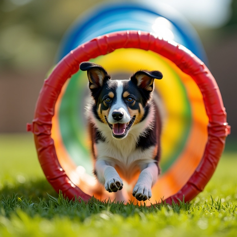 Cão correndo por um túnel colorido em um parque para cães.