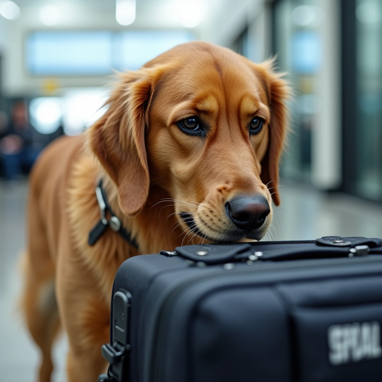 Cão farejador golden retriever em ação no aeroporto.