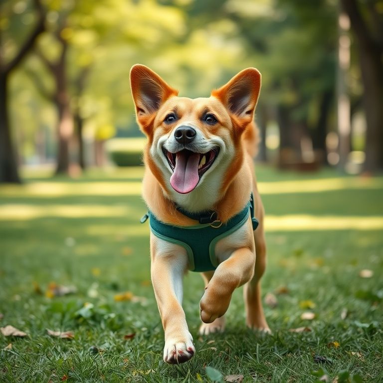 Cão feliz e saudável correndo no parque após tratamento de fisioterapia veterinária.