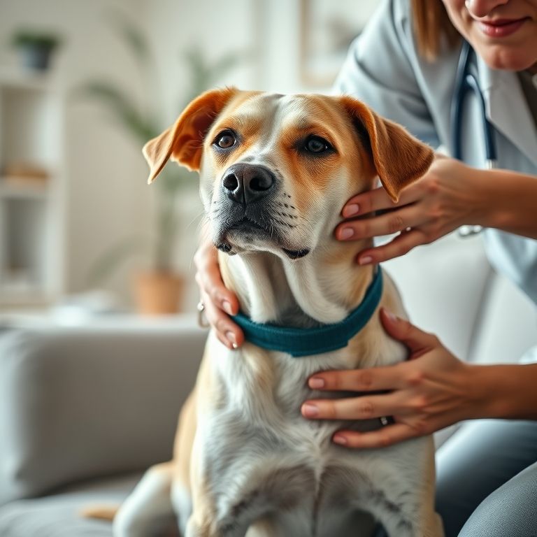 Cão idoso com artrite recebendo massagem de fisioterapeuta veterinário em casa.