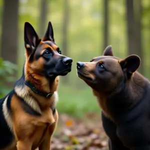 Cão pastor alemão e urso farejando, demonstrando seus olfatos apurados.