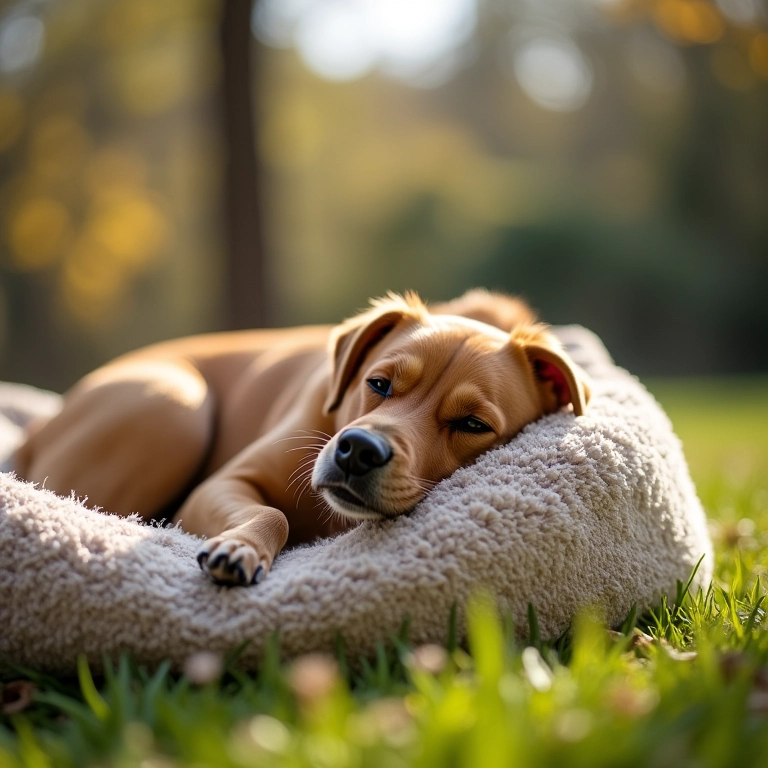 Cão relaxando em uma cama confortável em um parque para cães.
