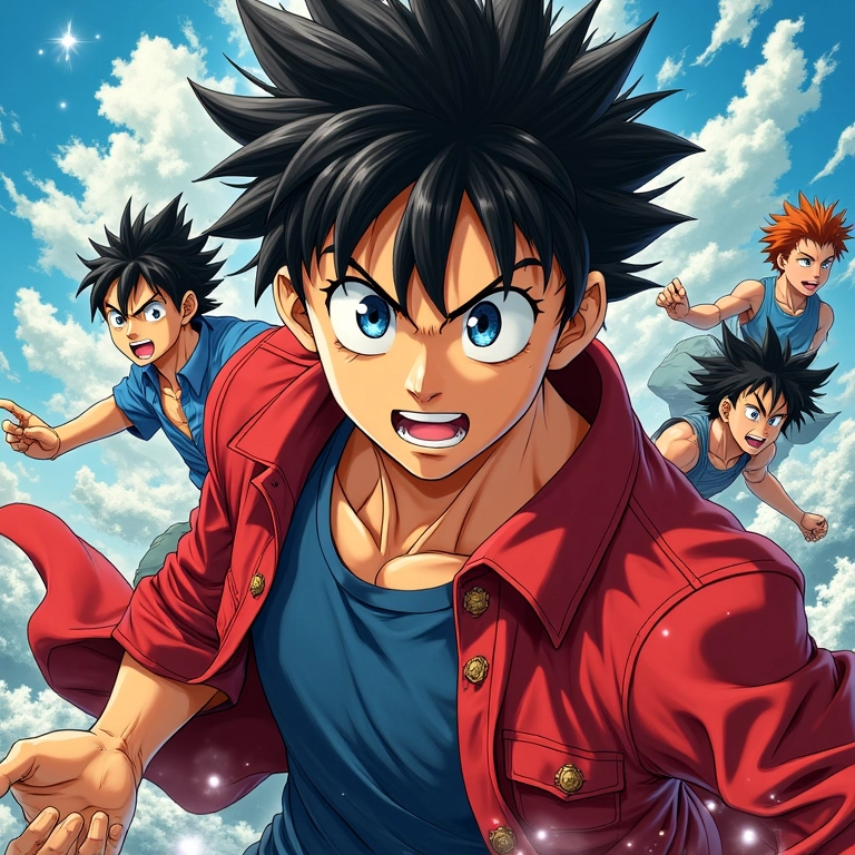 Capa de mangá Shonen com cena de ação dinâmica e personagens masculinos determinados.