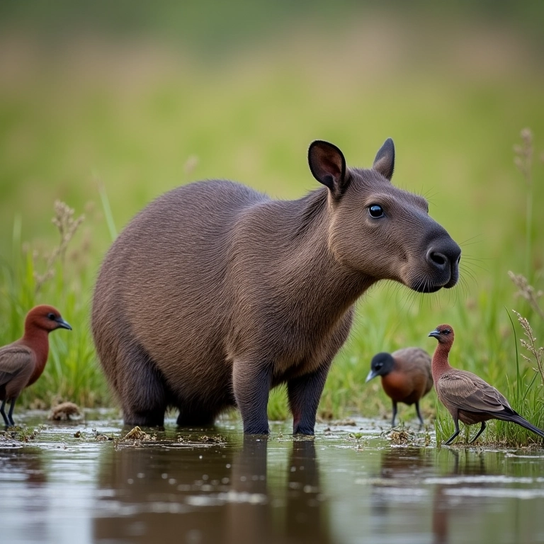 Capivara em um ecossistema de pântano com outras espécies.