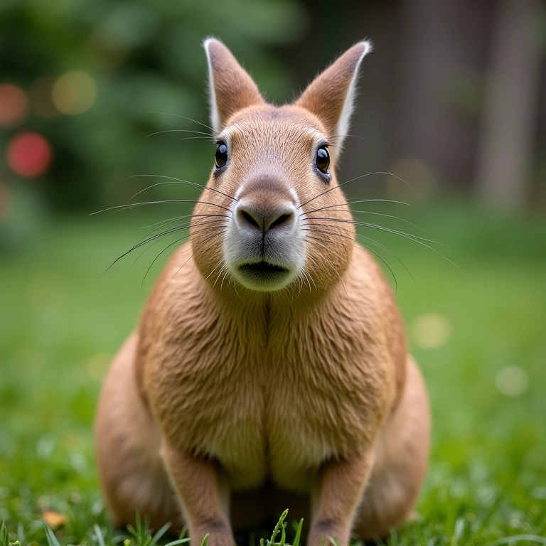 Capivara em um jardim com expressão preocupada.