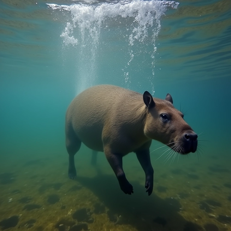 Capivara nadando graciosamente em rio de águas cristalinas.