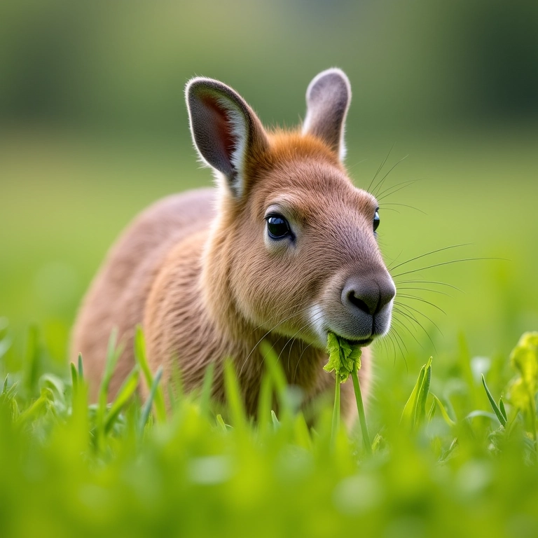 Capivara se alimentando de grama verde em um campo.