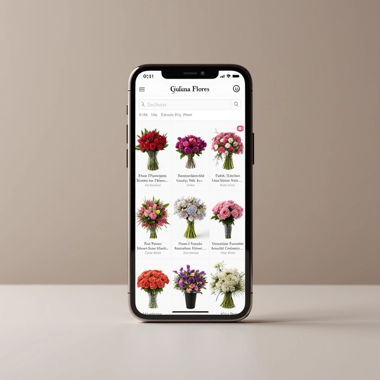 Captura de tela do site da Giuliana Flores em um telefone mostrando buquês de flores.