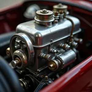 Carburador antigo detalhado, peça fundamental na história automotiva.