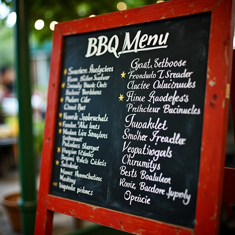 Cardápio variado de churrasco em quadro negro.