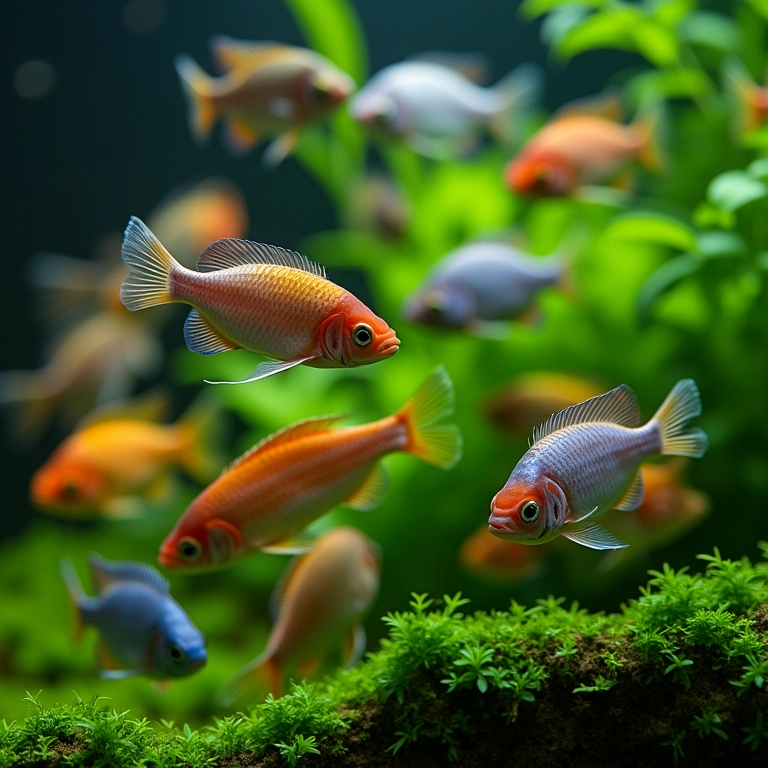 Cardume de peixes coloridos em aquário plantado.