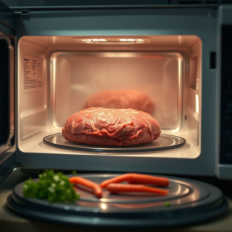 Carne moída descongelando no micro-ondas, pronta para uso imediato.