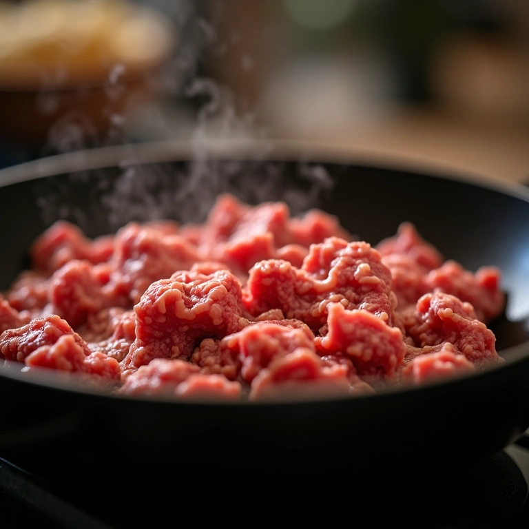 Carne moída sendo refogada em panela quente.