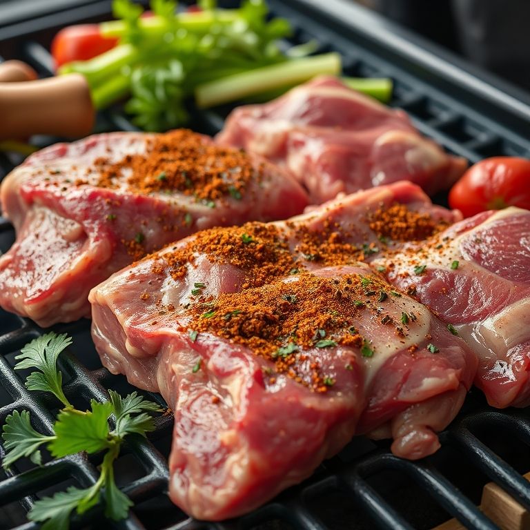 Carnes e legumes marinados com temperos caseiros.