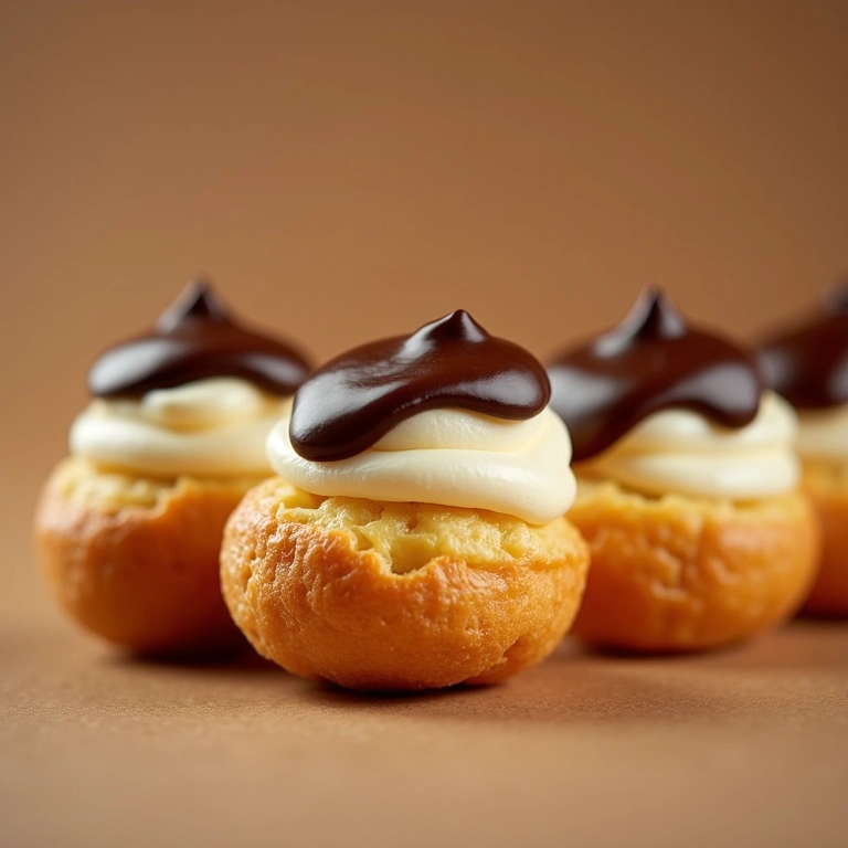 Carolinas recheadas com creme e cobertura de chocolate.