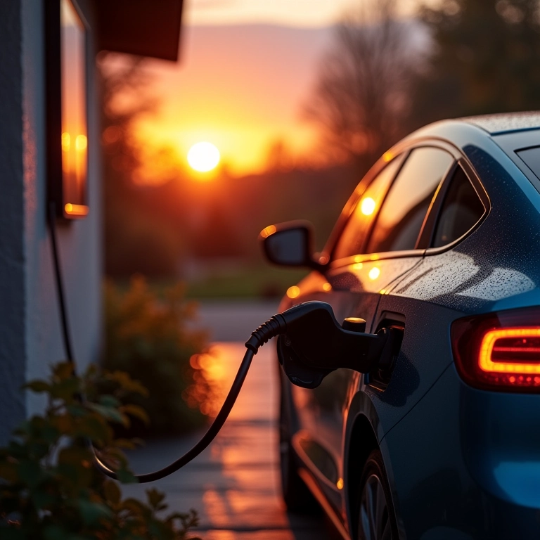 Carregamento doméstico de carro elétrico ao pôr do sol.