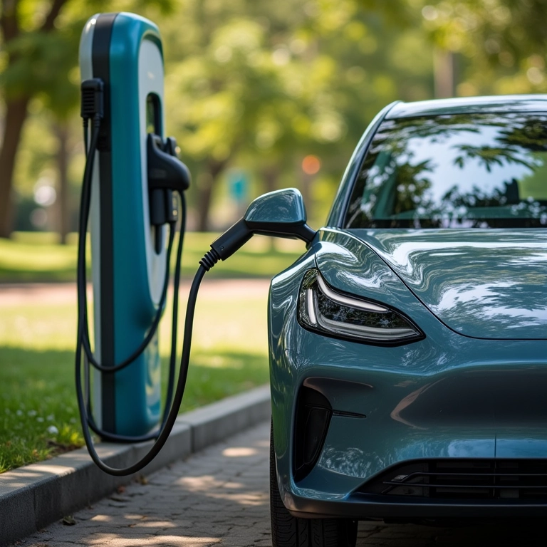 Carregamento em posto público de carro elétrico.