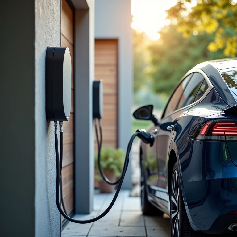 Carregamento semirrápido de carro elétrico em garagem.