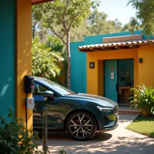 Carregando um carro elétrico em casa, energia limpa.
