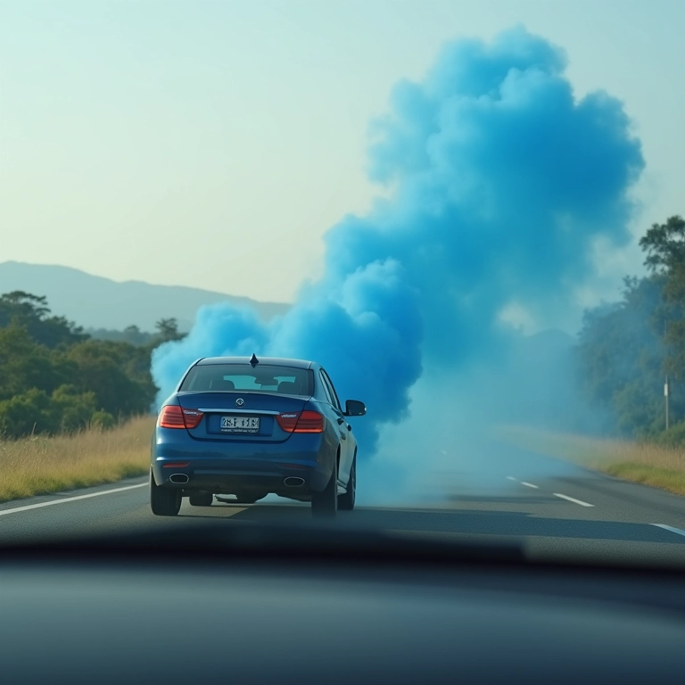 Carro andando com fumaça azul saindo.