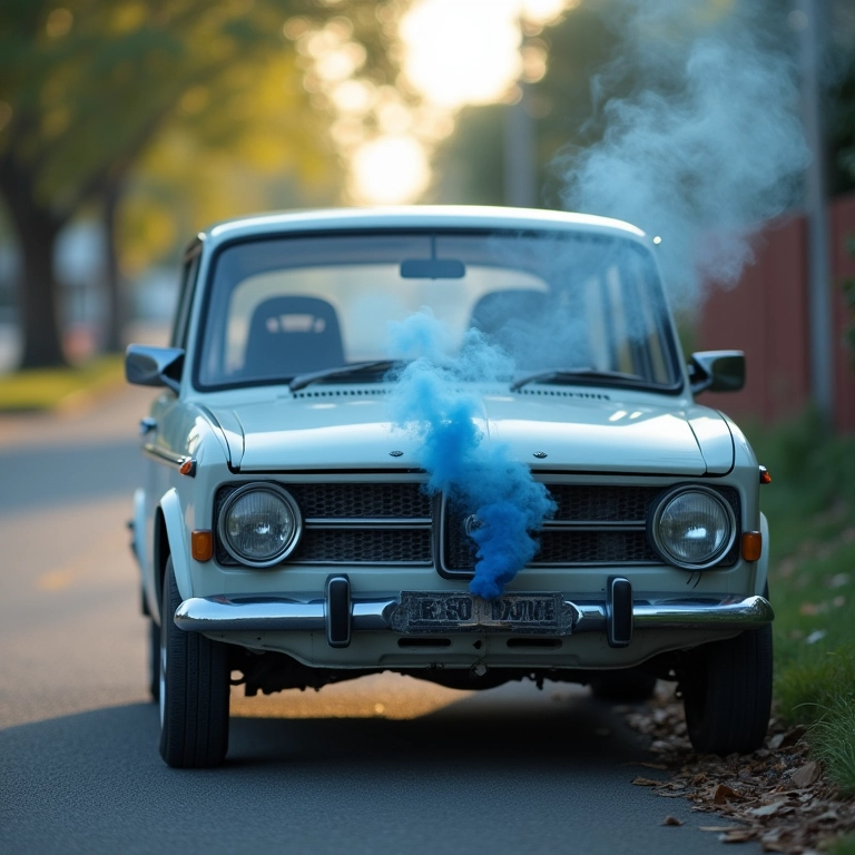 Carro antigo soltando fumaça azul ao ligar.