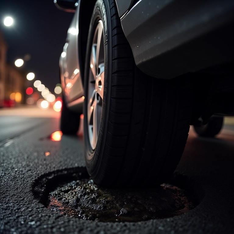 Carro atingindo buraco com bieleta danificada.