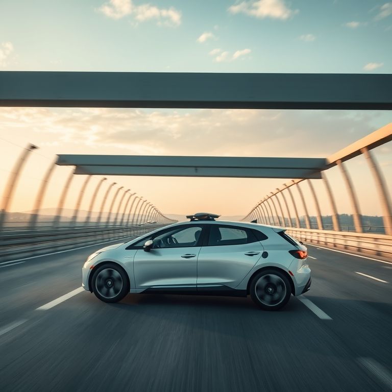 Carro autônomo dirigindo suavemente em rodovia, simbolizando segurança e eficiência.