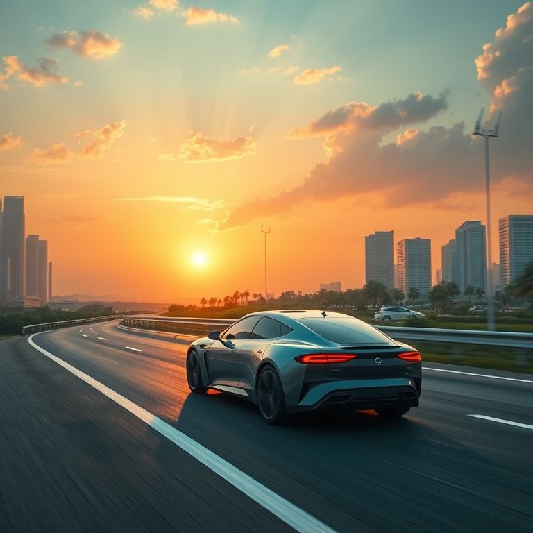 O Que É Um Carro Autônomo O Futuro Da Condução Sem Motorista Carro autônomo em rodovia futurista ao pôr do sol, com paisagem urbana avançada.