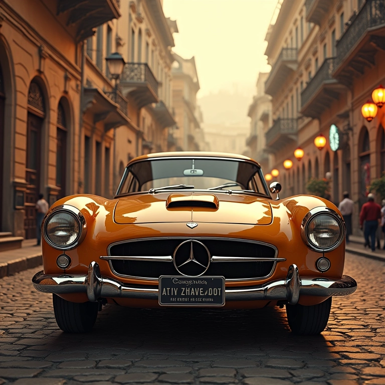 Carro clássico em poster de filme antigo, cena icônica.