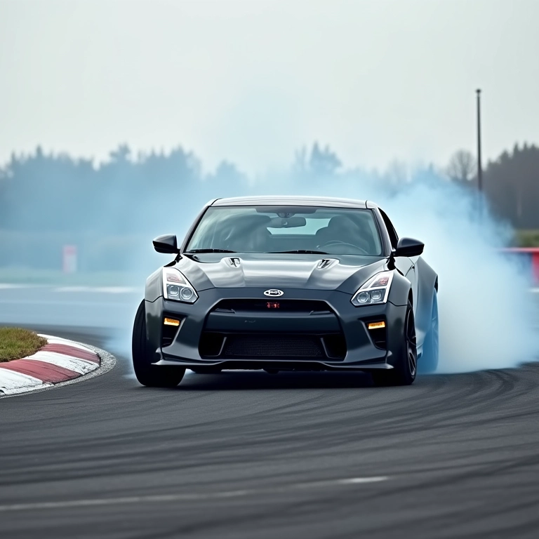 Carro com diferencial de deslizamento limitado (LSD) driftando em uma pista de corrida, demonstrando tração e controle.