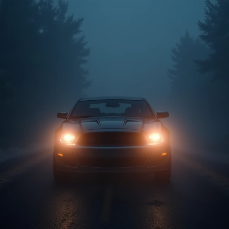 Carro com farol baixo e farol de neblina ligados na neblina.