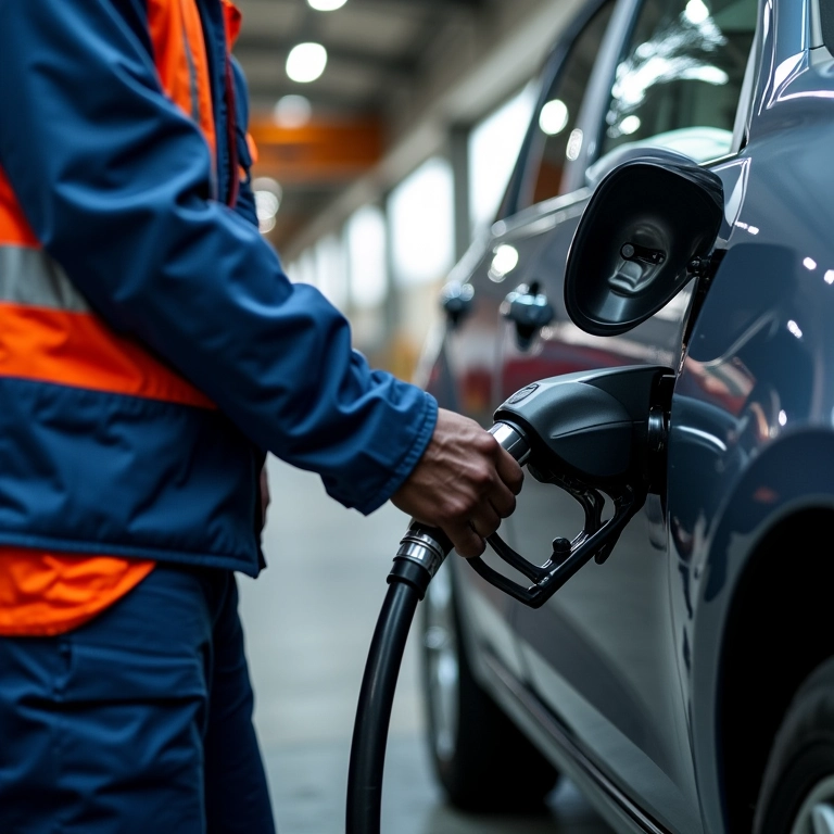 Carro com GNV sendo inspecionado, técnico checando sistema de gás.