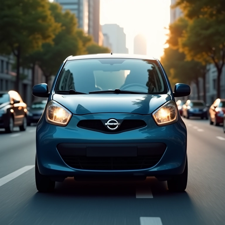 Carro compacto com motor aspirado dirigindo em uma cidade brasileira.