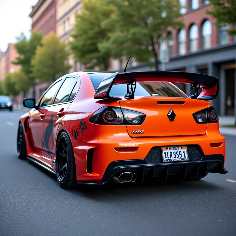 Carro customizado com aerofólio chamativo.