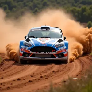 Carro de rally em alta velocidade levantando poeira.