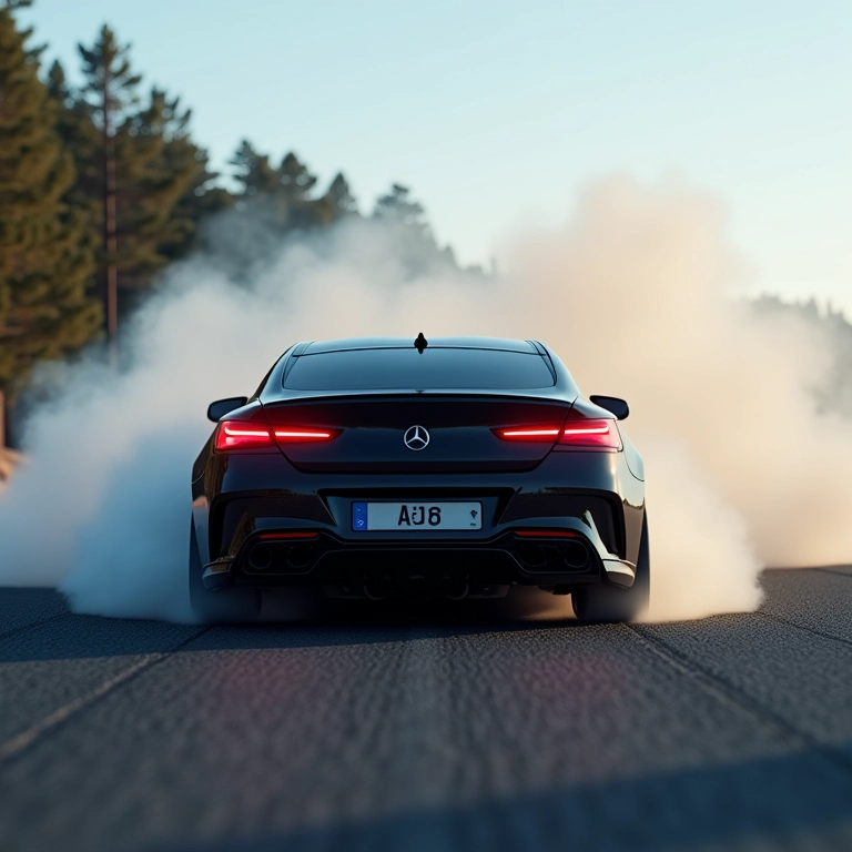 Carro de tração traseira arrancando com pneus fumegando.