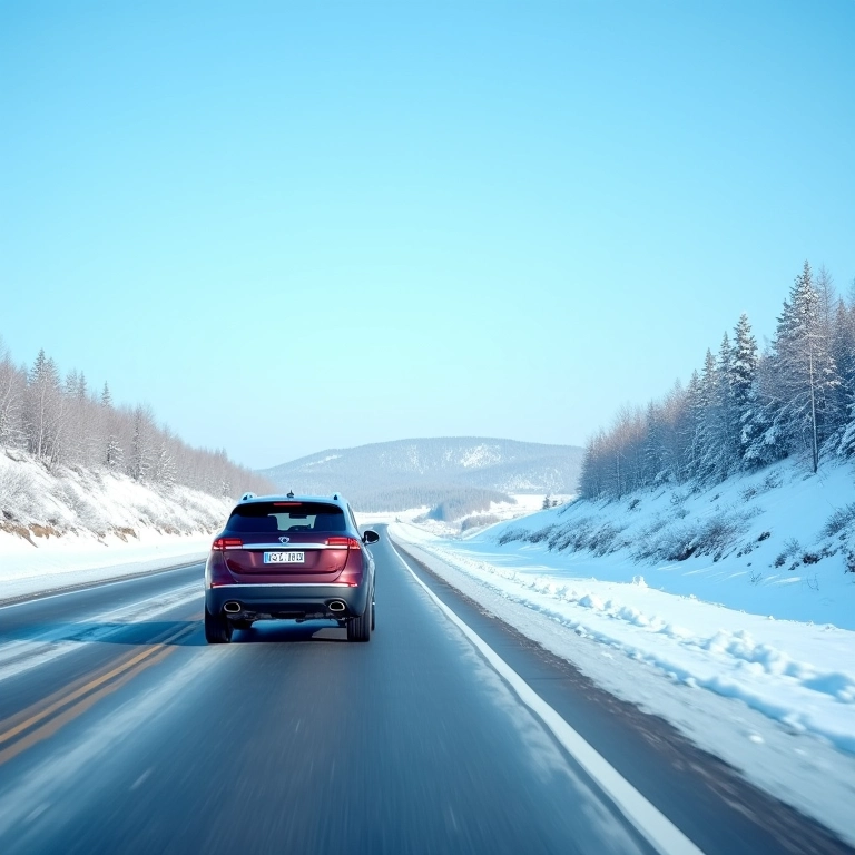 Carro dirigindo em estrada sem gelo, segurança viária.