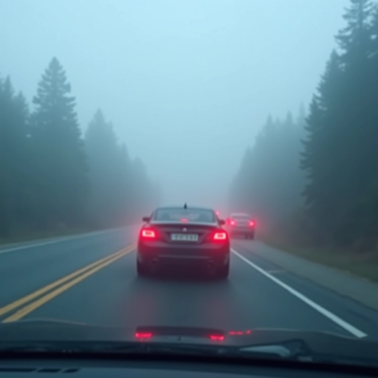 Carro dirigindo lentamente em uma estrada com neblina, mantendo distância.
