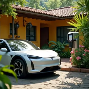 Manutenção de Carro Elétrico: É Mais Barata? O Que Muda Carro elétrico moderno carregando em casa brasileira vibrante.