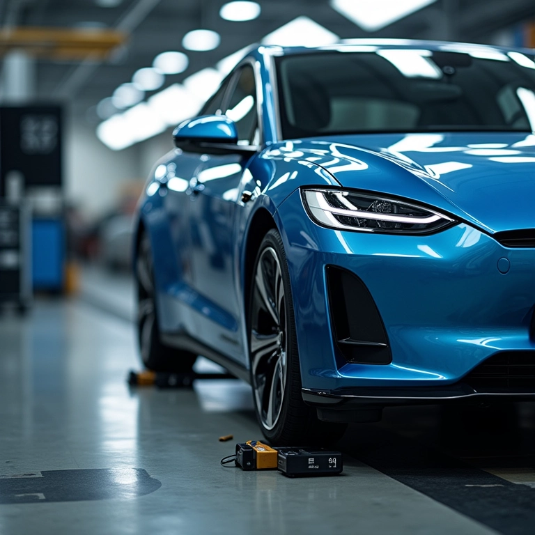 Carro elétrico passando por alinhamento e balanceamento.