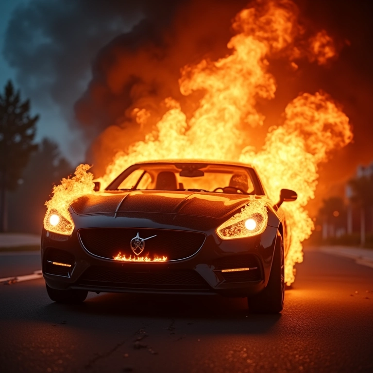 Carro em chamas, representando o alto risco de incêndio.